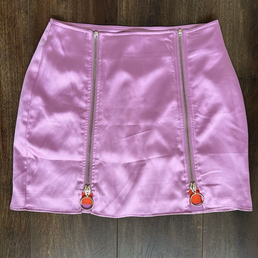 Capsule Mini Skirt Double Zip Front Lavender Pink Satin Size Medium